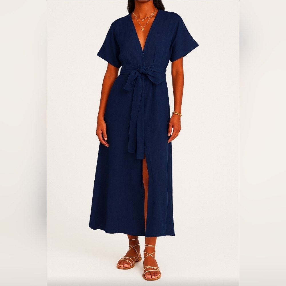 Bird & Knoll Ines Open Back Maxi Gauze Dress Navy Small